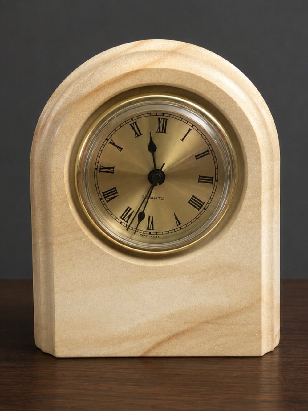 T.P. Genuine Marble Desk Mantel Clock Brass Case Roman Numerals 5.25 Inch